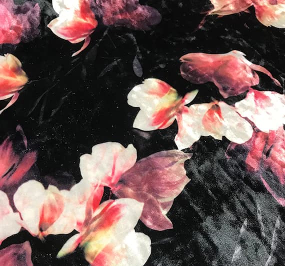 black velvet fabric - Black & Pink Magnolia Floral - Stretch Polyester Velvet Fabric