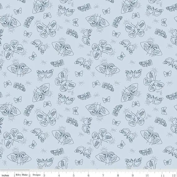 blue cotton fabric - Wild Bouquet Moths Blue - Riley Blake Cotton Fabric