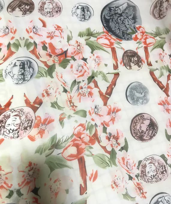 white chiffon fabric - Floral - Coins on White - Polyester Chiffon Fabric