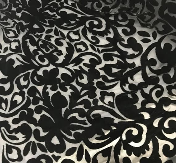 black velvet fabric - BLACK BAROQUE SCROLL Burnout Silk Velvet Fabric