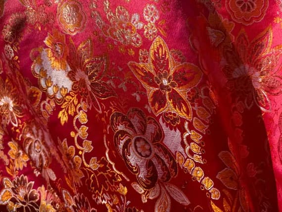 gold brocade fabric - Red; Orange & Gold Floral - Faux Silk Brocade Jacquard Fabric