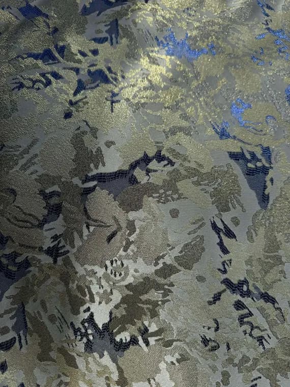 gold brocade fabric - Blue & Gold Abstract Floral - Faux Silk Brocade Jacquard Fabric