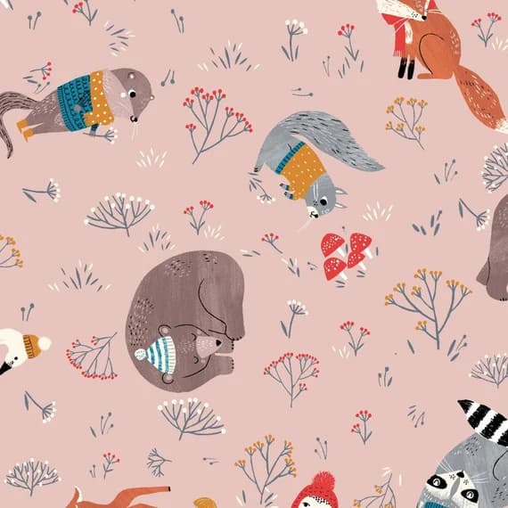 pink cotton fabric - Dreaming of Snow - Animals Pink - Clothworks Cotton Fabric