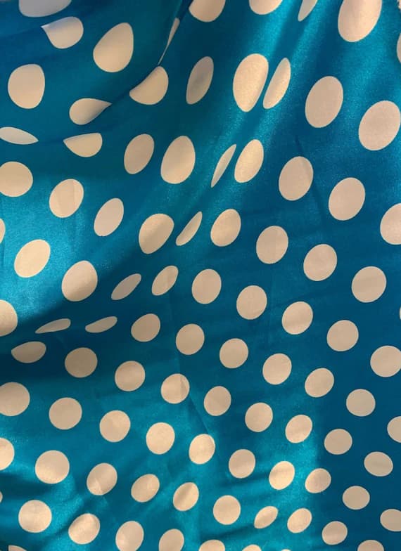 aqua charmeuse fabric - White on Aqua Polka Dots - Faux Silk Charmeuse Satin Fabric