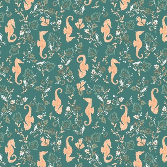 green cotton fabric - Beachside Pretty Seahorse Dark Green - Camelot Cotton Fabric