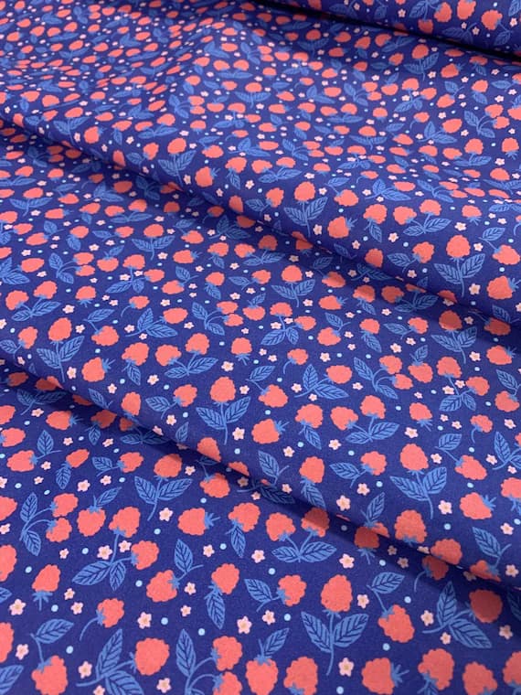 red cotton fabric - Raspberry Patch Blue/Red - Berries & Blossoms - Paintbrush Studio Cotton Fabric