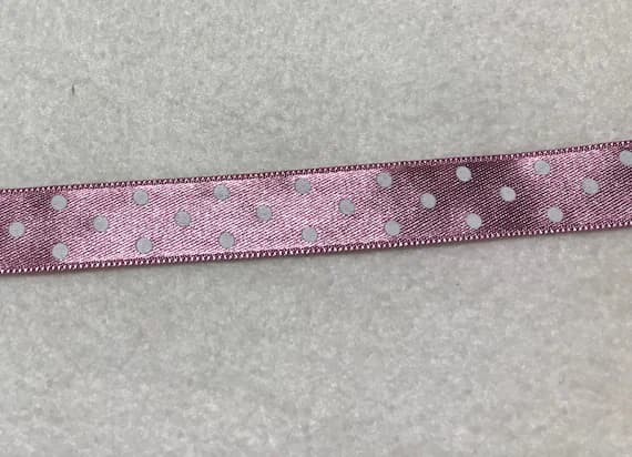 white none - Dusty Rose with White Polka Dots Double Sided Satin Ribbon Trim Made in France 9/16" wide