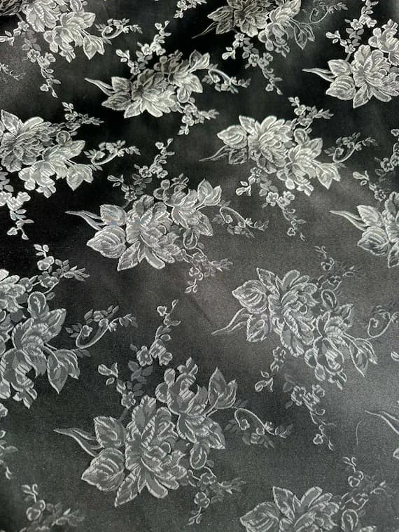 silver brocade fabric - Black & Silver Gray Roses Floral - Faux Silk Brocade Jacquard Fabric
