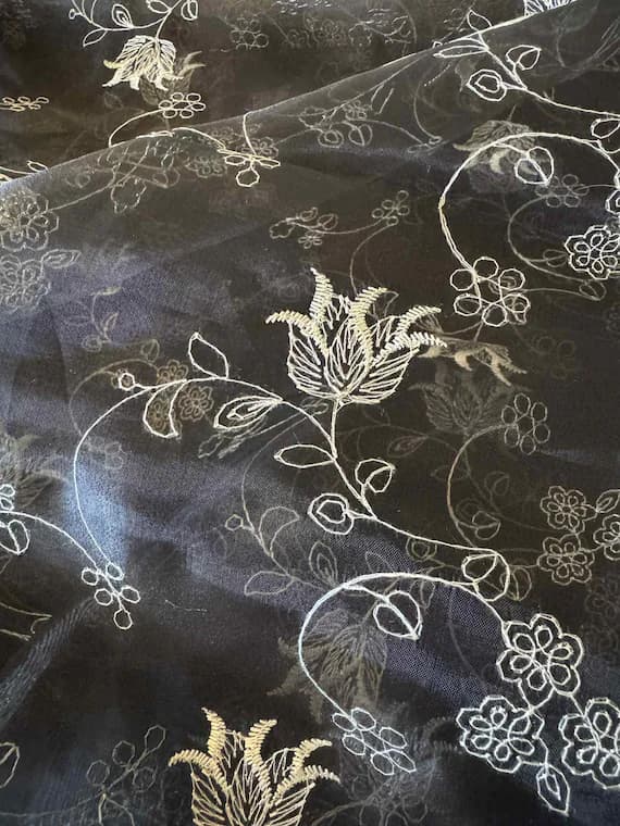 ivory lace - Black & Ivory Floral Embroidered Organza Fabric