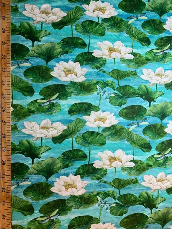 turquoise cotton fabric - Water Lilies Turquoise; Tranquil Waters by Deborah Edwards for Northcott Cotton Fabric DP27208-68
