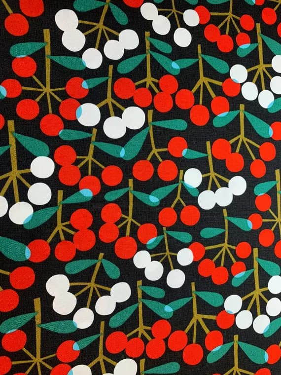 black cotton fabric - Red and White Cherries on Black - Mushroom & Cherry - Cosmo Japan Cotton Oxford Fabric