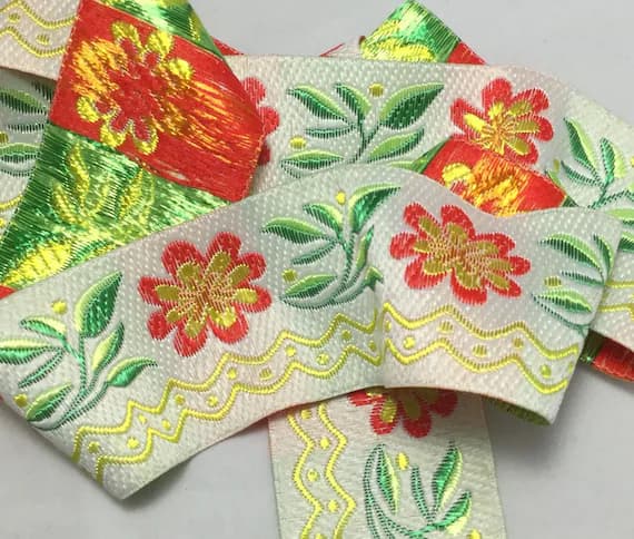white none - French JACQUARD Ribbon Orange & Yellow Flowers on White - by the yard 1-5/8 inch