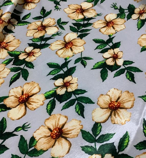 ivory taffeta fabric - Gray Ivory Floral - Stretch Polyester Taffeta Fabric