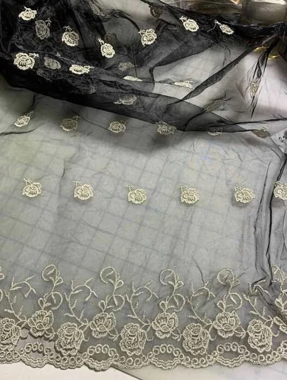 black lace - Black Floral Dots Embroidered Organza Fabric