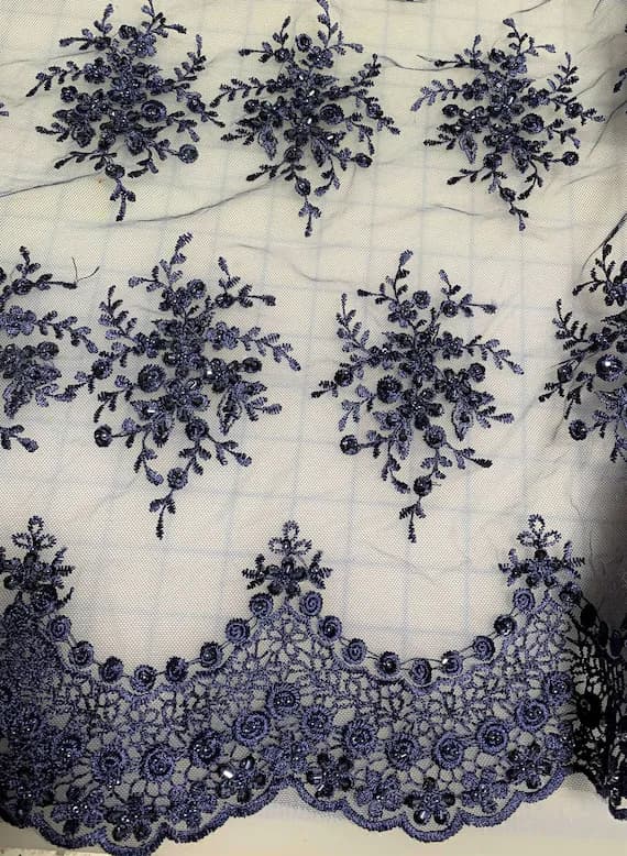 blue lace - Blue Floral Beaded Embroidered Tulle Lace Fabric