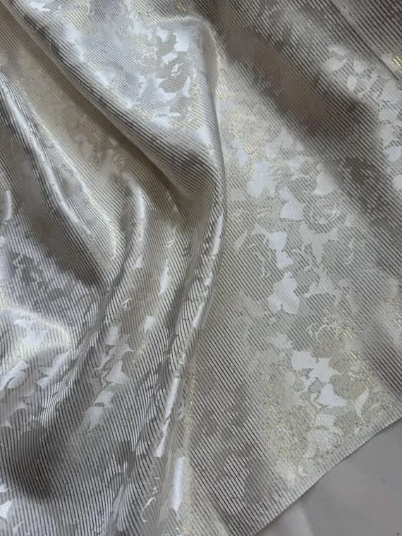 ivory satin fabric - Ivory & Gold Floral - Silk Satin Jacquard Fabric