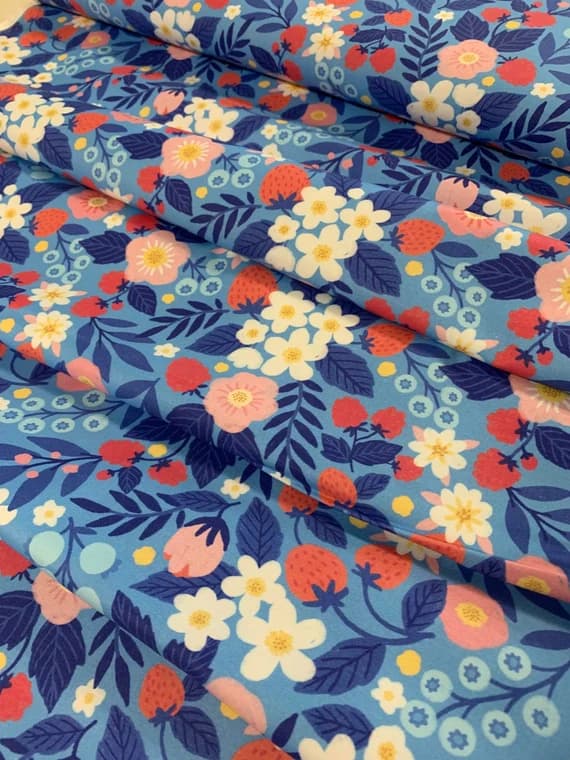 blue cotton fabric - Floral Berry Blue - Berries & Blossoms - Paintbrush Studio Cotton Fabric