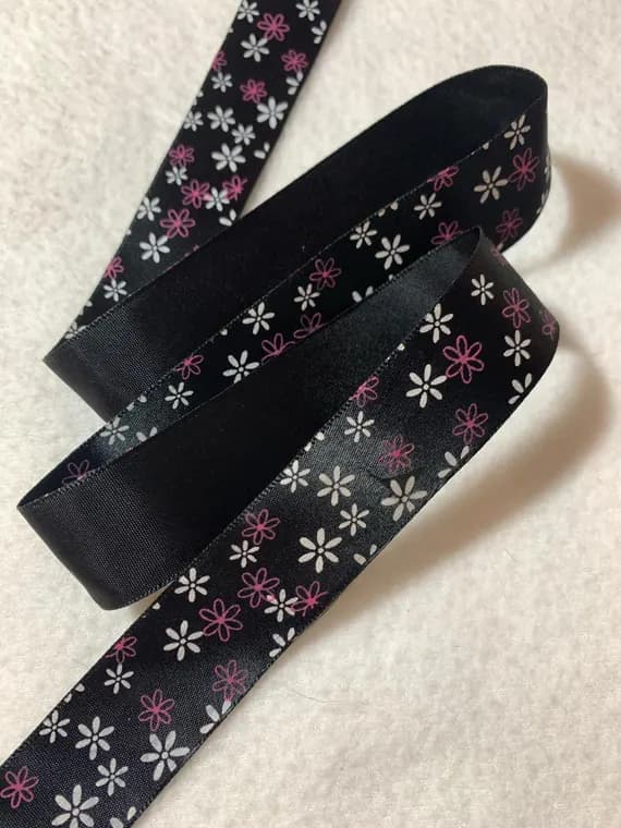 black none - Vintage Black with Pink & White Flowers Satin Ribbon 1" wide - 3 Yards