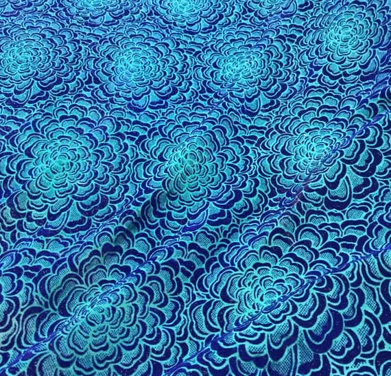 teal velvet fabric - Blue on Teal Mums - Stretch Polyester Flocked Velvet Fabric