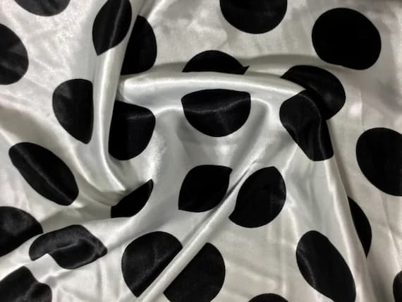 black charmeuse fabric - Black on White Polka Dots - Faux Silk Charmeuse Satin Fabric