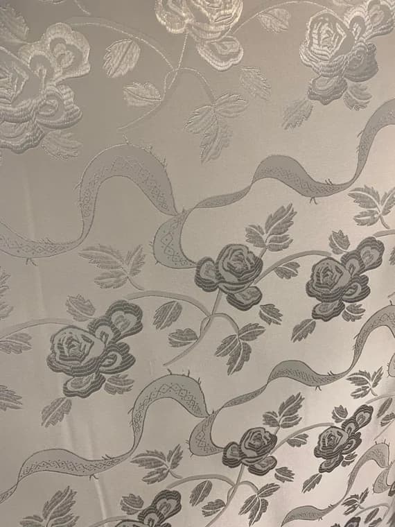 white none - White Ribbon Roses - Faux Silk Brocade Fabric