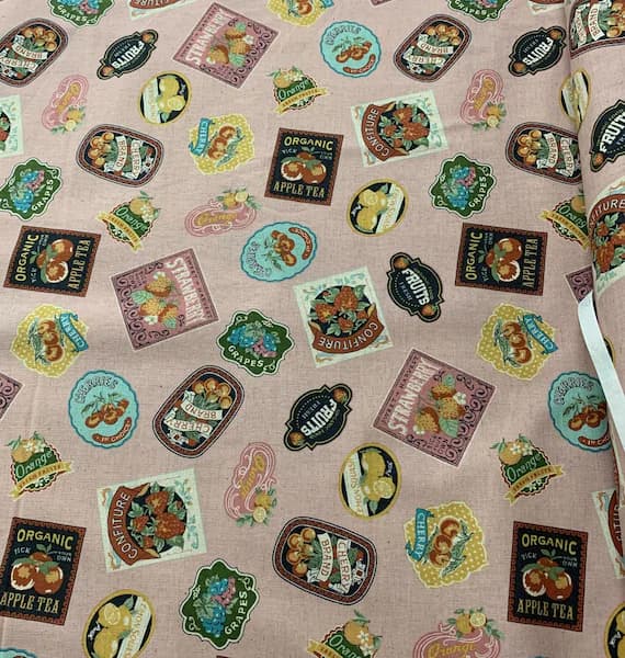 pink none - Pink Vintage Fruit Labels - Kokka Japan Cotton/Linen Sheeting Fabric