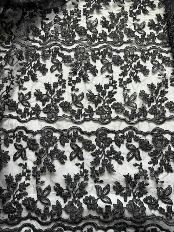 black lace - Black Floral Lace Embroidered Organza Fabric