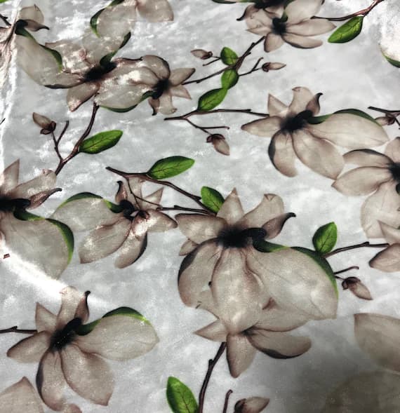 white velvet fabric - White Magnolia Floral - Stretch Polyester Velvet Fabric
