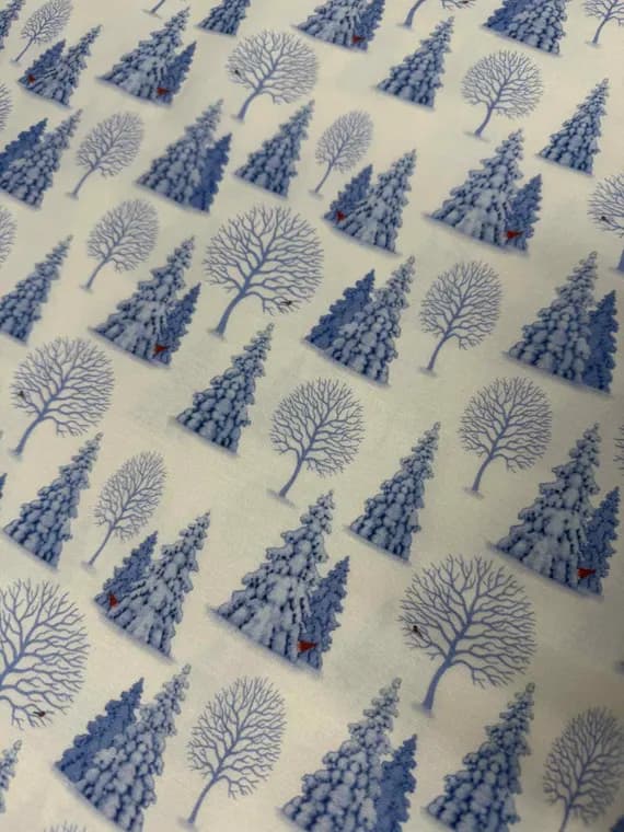 white cotton fabric - Tomten's Village Trees on White - Lewis & Irene Cotton Fabric
