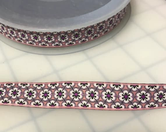 pink none - Pink Art Deco Floral Jacquard Ribbon Trim 5/8"