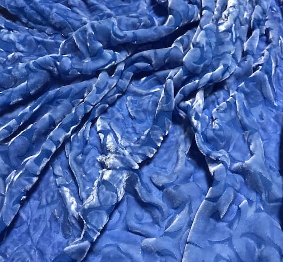 blue velvet fabric - Periwinkle Blue Scroll - Hand Dyed Burnout Silk Velvet