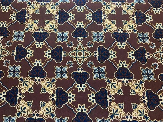 navy crepe fabric - Chocolate & Navy Moroccan Tile Print - 16mm Silk Crepe de Chine Fabric