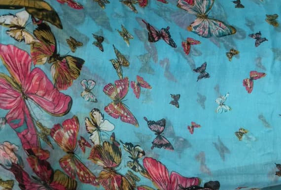 turquoise fabric - Turquoise with Butterflies - Polyester Gauze Voile