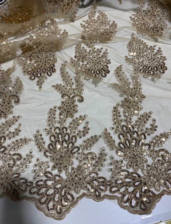 gold lace - Antique Gold Sequin Floral Embroidered Tulle Fabric