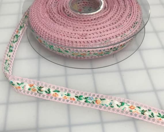 pink none - Pink Floral Ribbon with Lace Edge Made in France (1/2" wide)