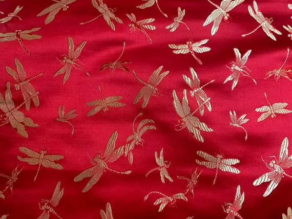 gold brocade fabric - Red with Gold Dragonflies - Silk Brocade Fabric