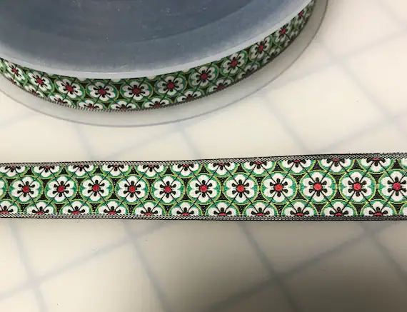 green none - Green Art Deco Floral Jacquard Ribbon Trim 5/8"