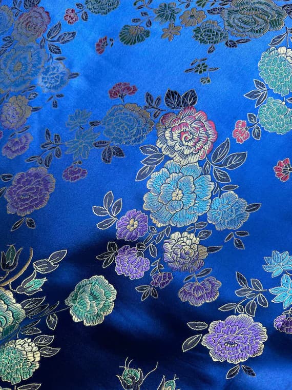 royal brocade fabric - Royal Blue w/ Multi Colored Flowers - Faux Silk Brocade Jacquard Fabric