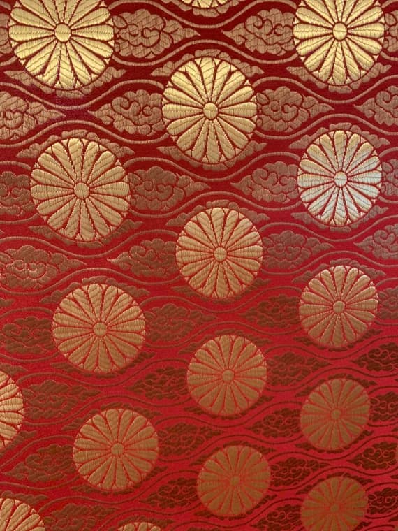 gold brocade fabric - Red & Gold Floral Medallions with Clouds - Faux Silk Brocade Fabric