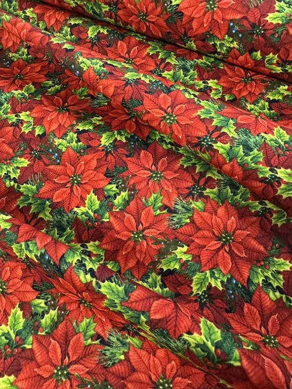 red cotton fabric - Red Christmas Poinsettia Floral - by Elizabeth's Studio Cotton Fabric