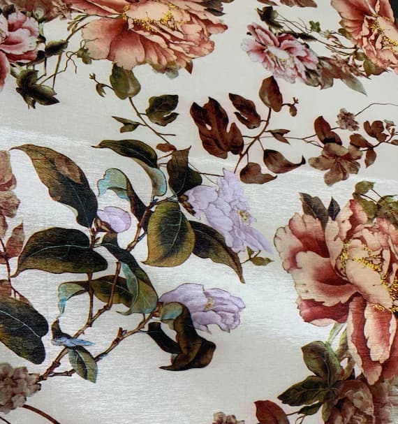 ivory velvet fabric - Ivory Peach Peony Floral - Stretch Polyester Taffeta Fabric