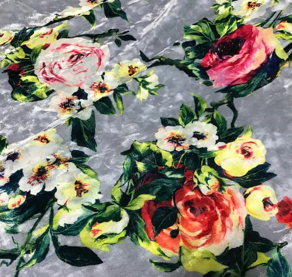 gray velvet fabric - Gray with Roses Floral - Stretch Polyester Velvet Fabric