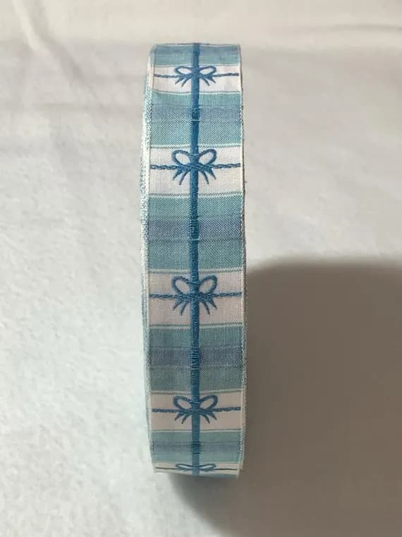 blue none - Vintage Embroidered Ribbon - Blue Bows on Stripe 1-1/16" wide