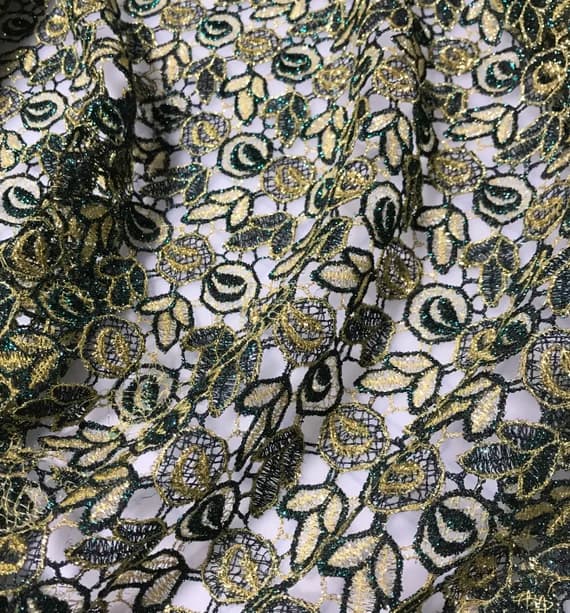 gold lace - Green & Gold Roses - Schiffli Lace Fabric