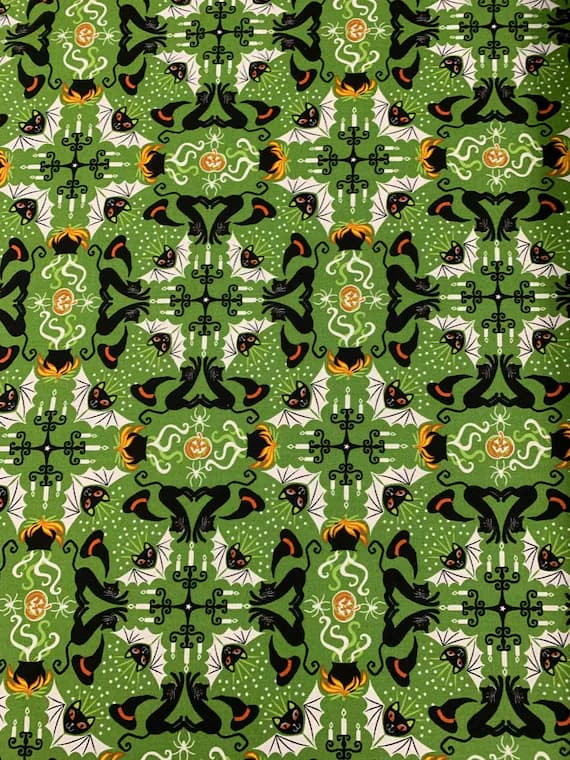 green cotton fabric - Green Kaleidoscope Cats Caldron Haunted House Glow in the Dark - Lewis & Irene Cotton Fabric