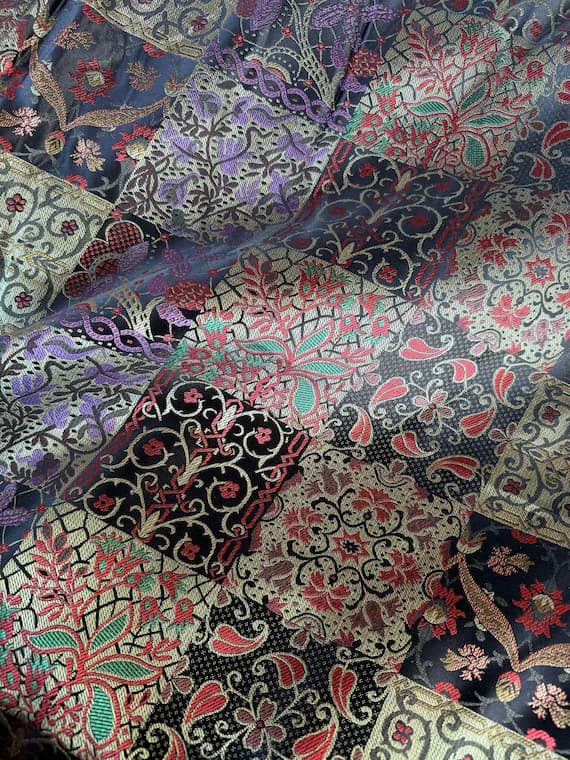 gold brocade fabric - Purple Red Black & Gold Floral Patchwork - Faux Silk Brocade Jacquard Fabric