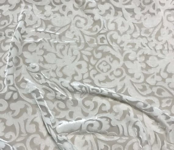white velvet fabric - WHITE BAROQUE SCROLL Burnout Silk Velvet Fabric