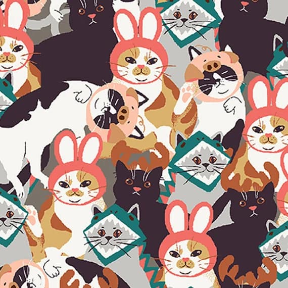 gray cotton fabric - Hats for Cats - Cat Faces Grey - Paintbrush Studio Cotton Fabrics