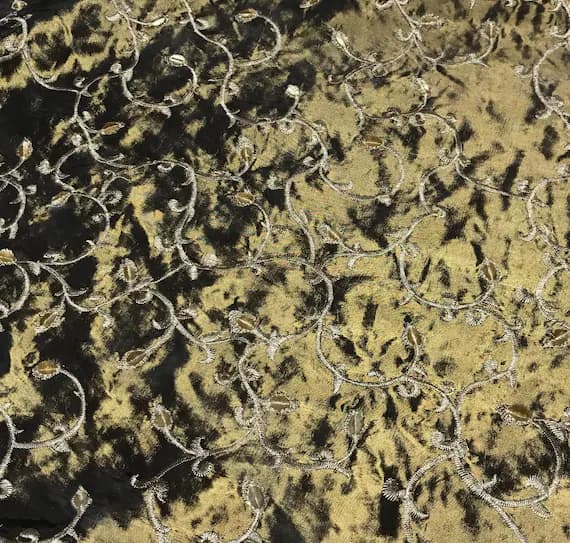 taffeta fabric - Chenille Embroidered Buds & Vines on Bronze - Faux Silk Taffeta Fabric