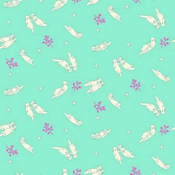 turquoise cotton fabric - Otter Romp Swimming Turquoise - Paintbrush Studio Cotton Fabric